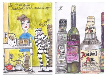 First Sketchbook Skool sketch (left) and most recent Sketchbook Skool sketch (right) by Darlene Campbell