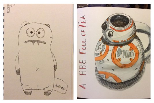 First Sketchbook Skool sketch (left) and most recent Sketchbook Skool sketch (right) by Helen Leigh-Phippard