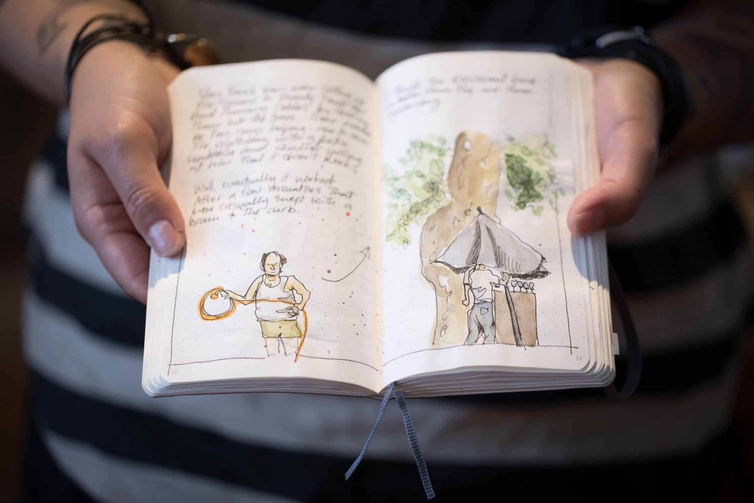 Schmoo Theune holding a drawing book