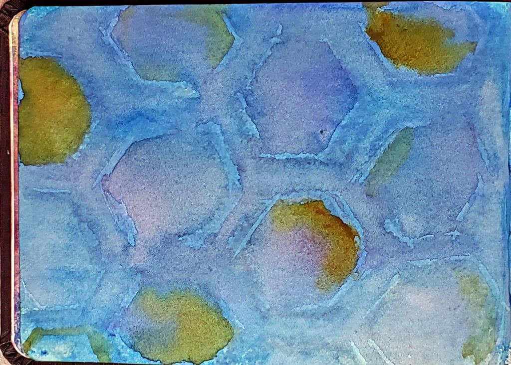 White crayon adds texture under watercolor.